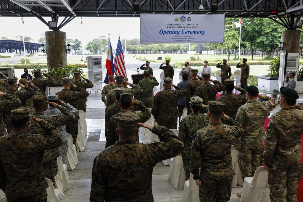 Military officers and guests salute during the opening ceremony of the Philippine-US Balikatan exercises on March 28, 2022. Photo: EPA-EFE Military officers and guests salute during the opening ceremony of the Philippine-US Balikatan exercises on March 28, 2022. Photo: EPA-EFE