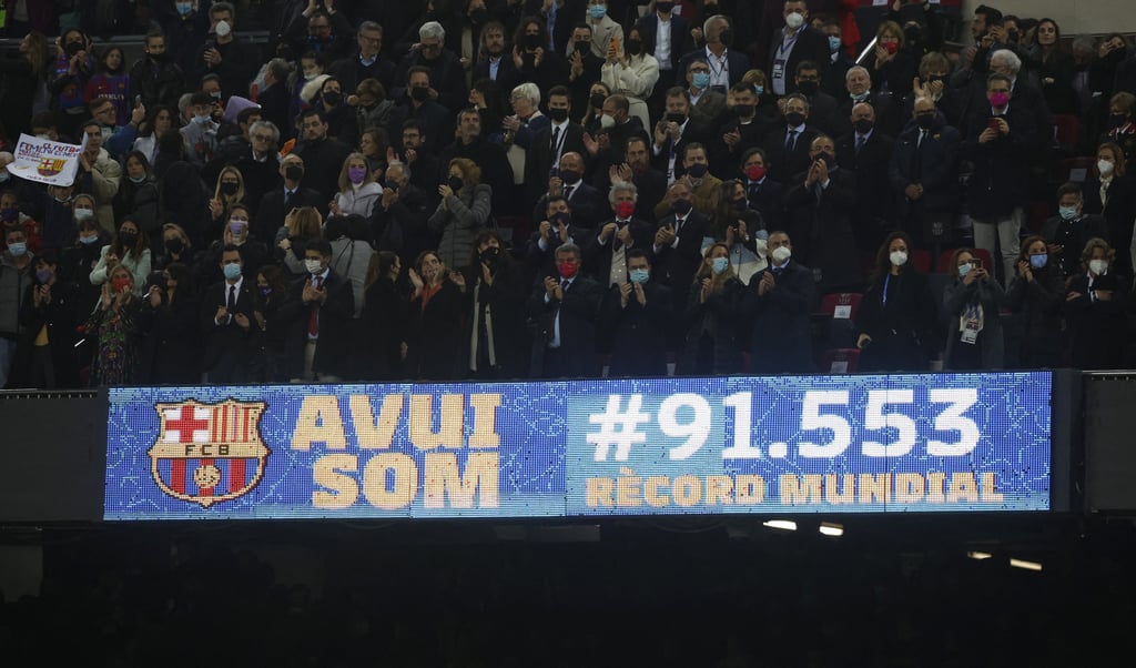 A screen displays the attendance figure that set a new world record for any women’s match. Photo: Reuters