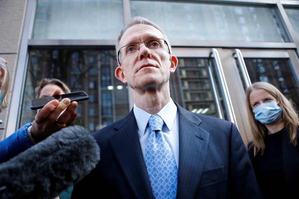 Australian ambassador to China Graham Fletcher talks to journalists outside the Beijing No 2 Intermediate People’s Court, after being denied entry to the trial, where Australian journalist Cheng Lei faced trial. Photo: Reuters