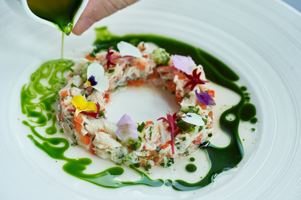King crab salad, cucumber, tomato consommé & parsley oil. Photo: Aqua King crab salad, cucumber, tomato consommé & parsley oil. Photo: Aqua