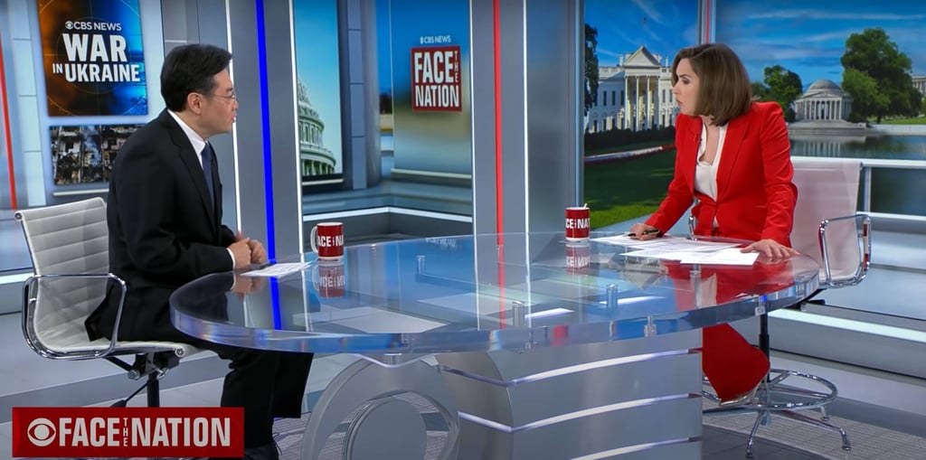 Margaret Brennan, host of CBS’ ‘Face the Nation’ is seen talking over Chinese ambassador Qin Gang during the interview. Photo: YouTube Margaret Brennan, host of CBS’ ‘Face the Nation’ is seen talking over Chinese ambassador Qin Gang during the interview. Photo: YouTube