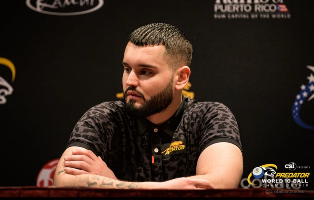 Defending champion Eklent Kaci at the press conference. Photo: World 10-ball fb Defending champion Eklent Kaci at the press conference. Photo: World 10-ball fb