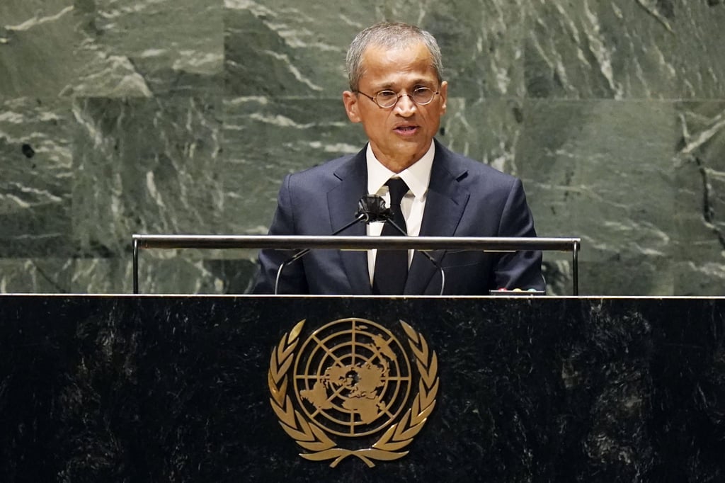 Singapore’s UN Ambassador Burhan Gafoor addresses the emergency session of the United Nations General Assembly on February 28. Photo: AP Singapore’s UN Ambassador Burhan Gafoor addresses the emergency session of the United Nations General Assembly on February 28. Photo: AP
