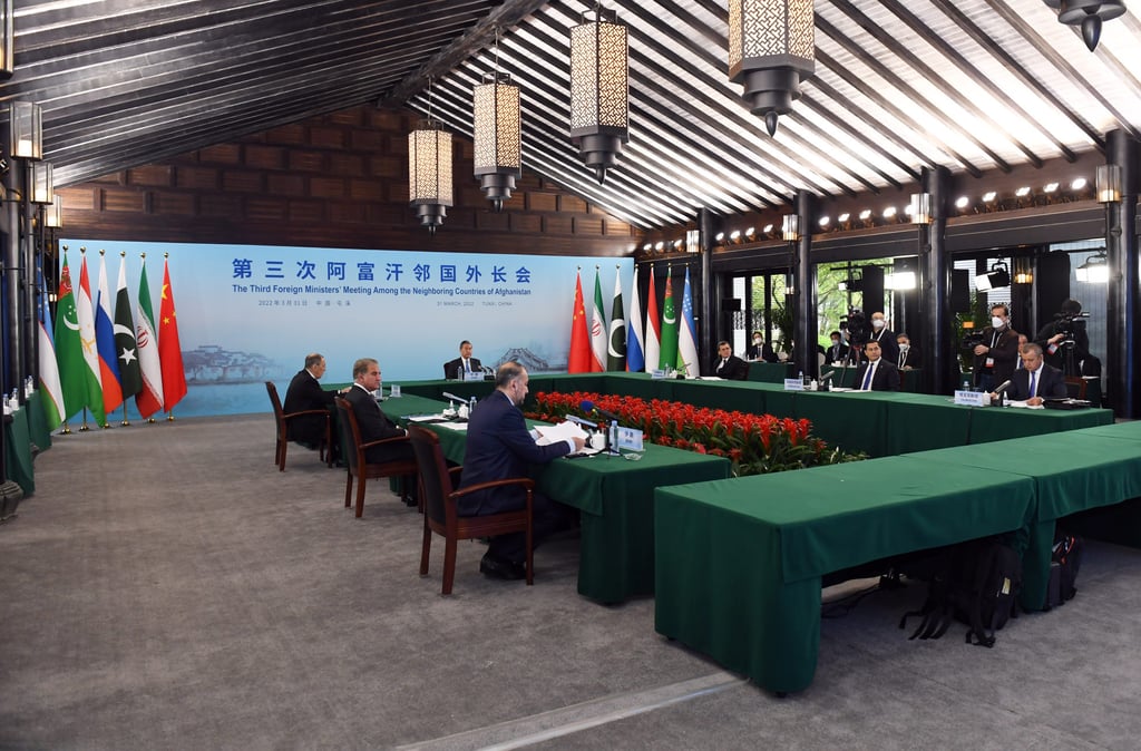 Chinese Foreign Minister Wang Yi chairs the third foreign ministers’ meeting of countries neighbouring Afghanistan, in Tunxi, Anhui province, on Thursday. Photo: Xinhua Chinese Foreign Minister Wang Yi chairs the third foreign ministers’ meeting of countries neighbouring Afghanistan, in Tunxi, Anhui province, on Thursday. Photo: Xinhua