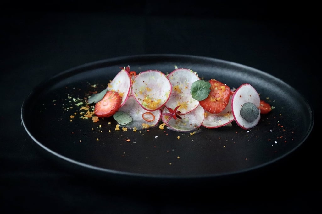 Swordfish toro, tartare, strawberries, radish at Odyssée. Photo: Odyssée