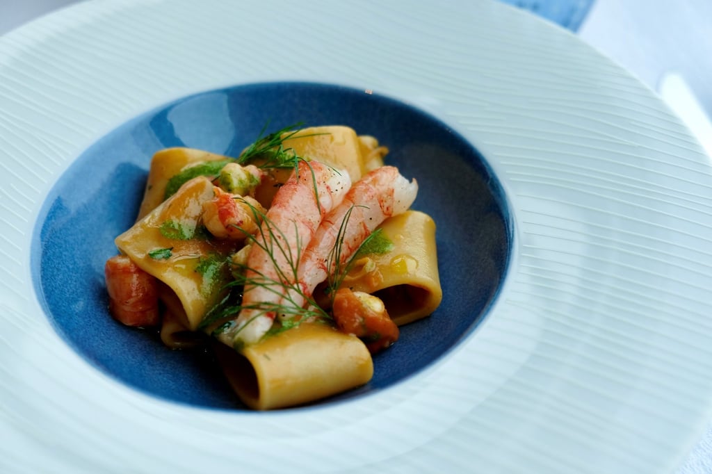 Mezzi paccheri pasta with Sicilian red shrimps and basil pesto sauce. Photo: Tosca
