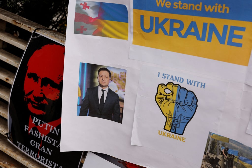 Anti-war posters outside the Russian embassy in Madrid, Spain, on Tuesday. Photo: Reuters