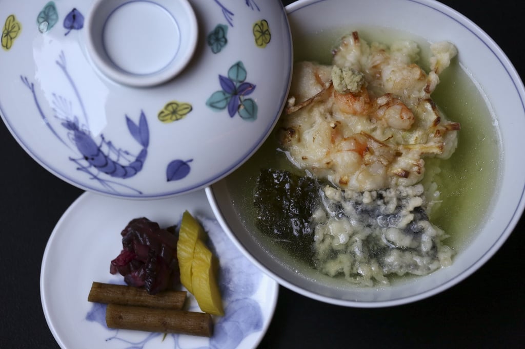 Tencha (bowl of rice with tempura fritter and fried seaweed) with pickles from Ippoh Tempura Restaurant on Aberdeen Street in Central. Photo: SCMP Archive