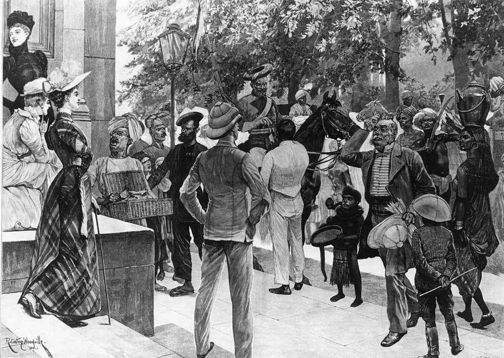 An illustration from 1891 of Anglo-Indian life on the steps of a hotel in Bombay. The Indian city was officially renamed Mumbai in 1995. Photo: Getty Images