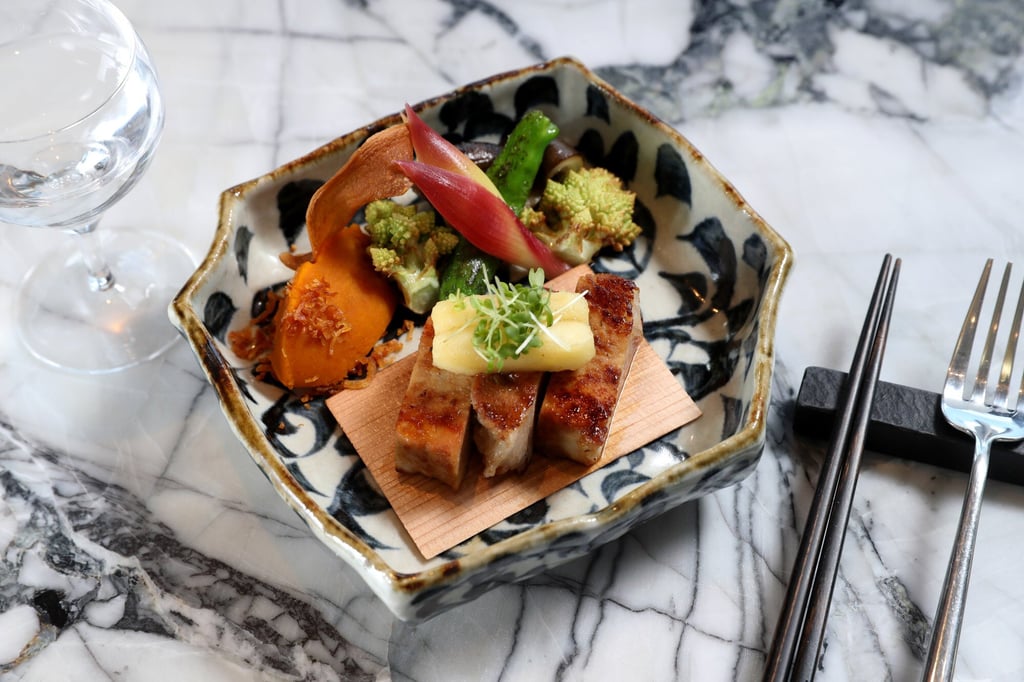 Iberico pork with apple miso and seasonal vegetables photographed at the Ryota Kappou Modern restaurant in Central. Photo: Winson Wong Iberico pork with apple miso and seasonal vegetables photographed at the Ryota Kappou Modern restaurant in Central. Photo: Winson Wong