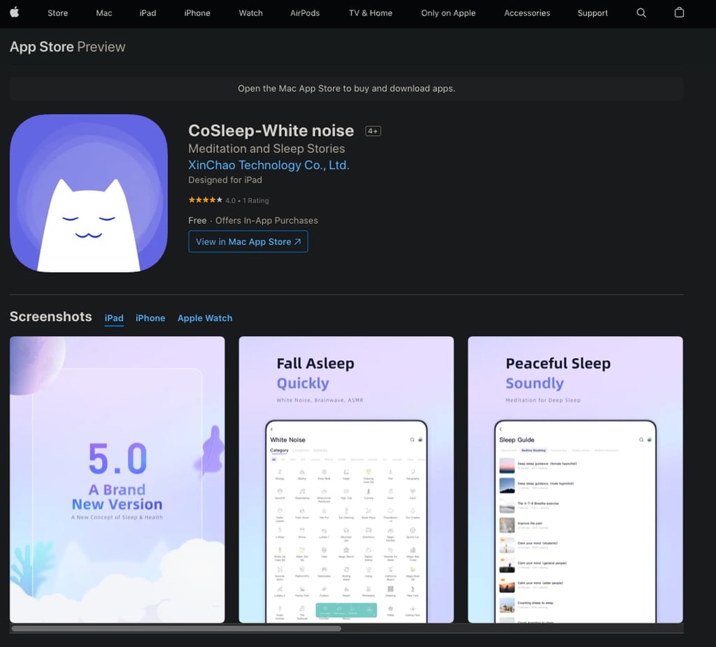 The landing page on Apple’s App Store for the CoSleep app from XinChao Technology Co. Photo: Handout The landing page on Apple’s App Store for the CoSleep app from XinChao Technology Co. Photo: Handout