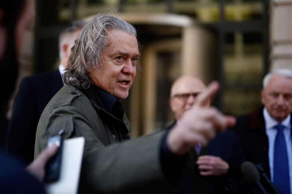 Steve Bannon, former adviser to ex-US president Donald Trump, speaks to members of the media while departing from federal court in Washington in March. Photo: Bloomberg