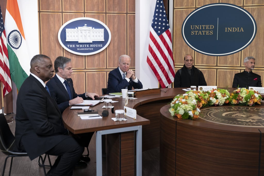 From right, Subrahmanyam Jaishankar, India’s foreign minister; Rajnath Singh, India’s defence minister; President Biden; Antony Blinken, US secretary of state; and Lloyd Austin, US secretary of defence, during a virtual meeting with Prime Minister Modi in the White House on Monday. Photo: CNP/Bloomberg