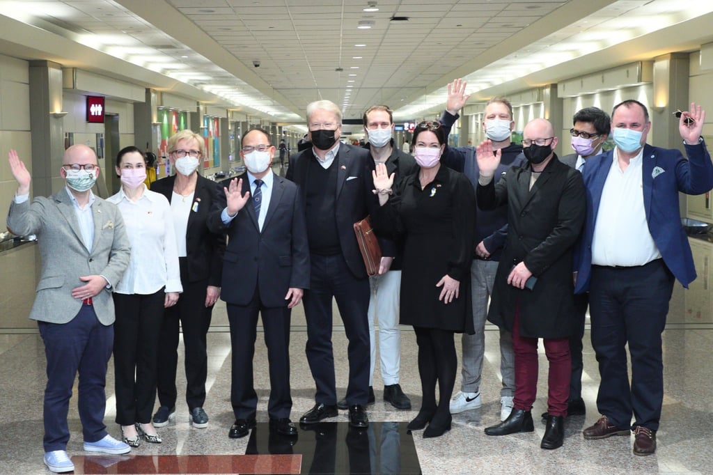 The Swedish lawmakers pose for a photo on arrival at the Taoyuan International Airport on Sunday. Photo: EPA-EFE/Handout