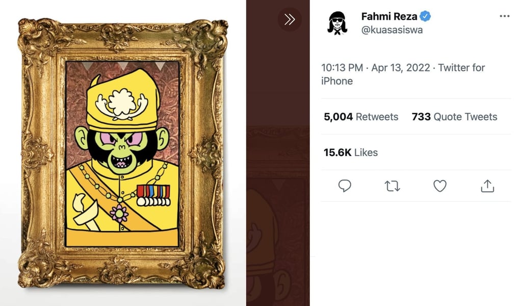 Fahmi Reza’s artwork depicting Mojo Jojo from the cartoon Powerpuff Girls, dressed in traditional Malay royal attire. Photo: Twitter Fahmi Reza’s artwork depicting Mojo Jojo from the cartoon Powerpuff Girls, dressed in traditional Malay royal attire. Photo: Twitter
