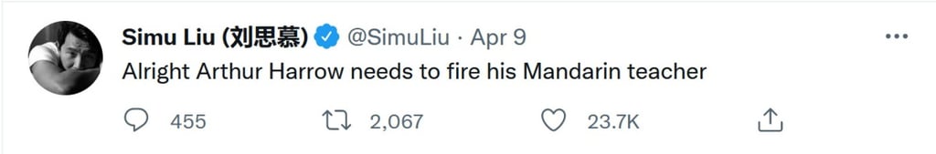 Simu Liu’s tweet about the poor Mandarin spoken in Moon Knight. Photo: Twitter Simu Liu’s tweet about the poor Mandarin spoken in Moon Knight. Photo: Twitter