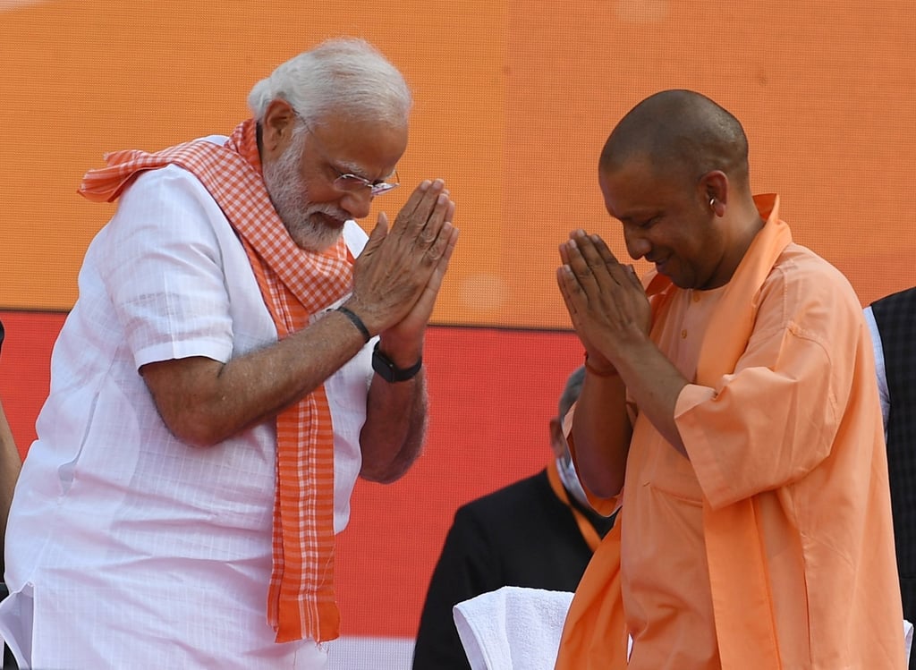 Indian Prime Minister Narendra Modi with Uttar Pradesh’s firebrand chief minister Yogi Adityanath, right, after the latter’s re-election last month. Photo: India Press Information Bureau Handout via EPA-EFE Indian Prime Minister Narendra Modi with Uttar Pradesh’s firebrand chief minister Yogi Adityanath, right, after the latter’s re-election last month. Photo: India Press Information Bureau Handout via EPA-EFE