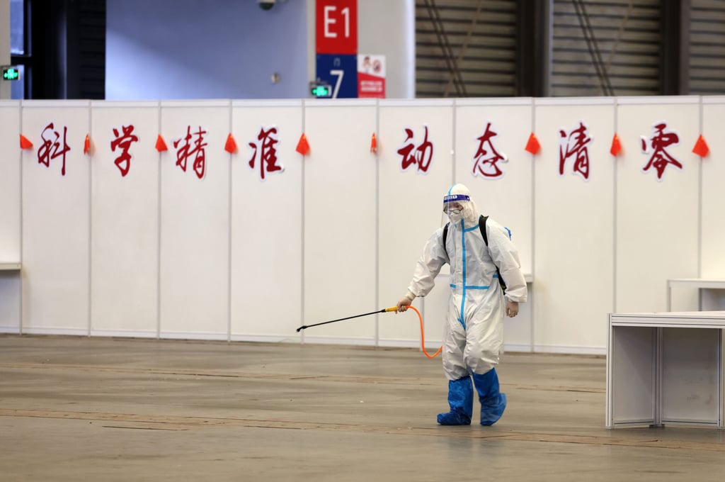An area in Shanghai’s convention centre-turned makeshift hospital was disinfected on April 14, 2022. Photo: Xinhua