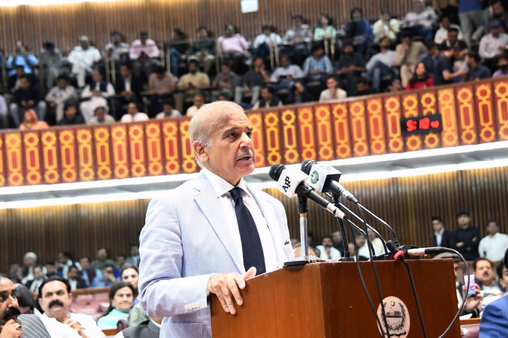 Newly elected Prime Minister Shehbaz Sharif addresses Pakistan’s parliament on Monday. Photo: Handout via EPA-EFE