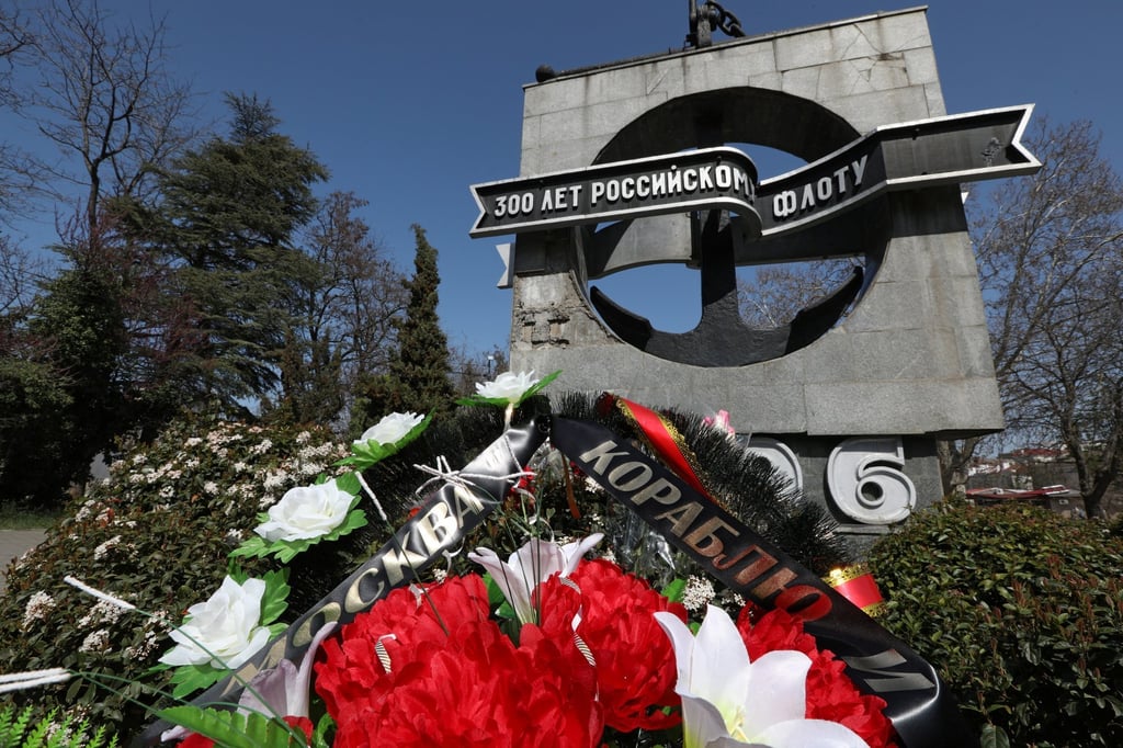A wreath with a ribbon reading “To the Moskva ship” is seen during a ceremony on Friday organised by veterans of the Black Sea Fleet in memory of the Russian missile cruiser that sank in the Black Sea. Photo: Reuters A wreath with a ribbon reading “To the Moskva ship” is seen during a ceremony on Friday organised by veterans of the Black Sea Fleet in memory of the Russian missile cruiser that sank in the Black Sea. Photo: Reuters