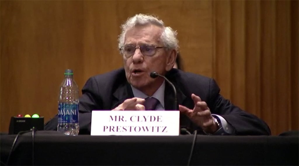 Clyde Prestowitz, founder and president at Economic Strategy Institute, gives testimony at a US-China Economic and Security Review Commission hearing in Washington, USA, on Thursday. Screen Capture: US-China Economic and Security Review Commission