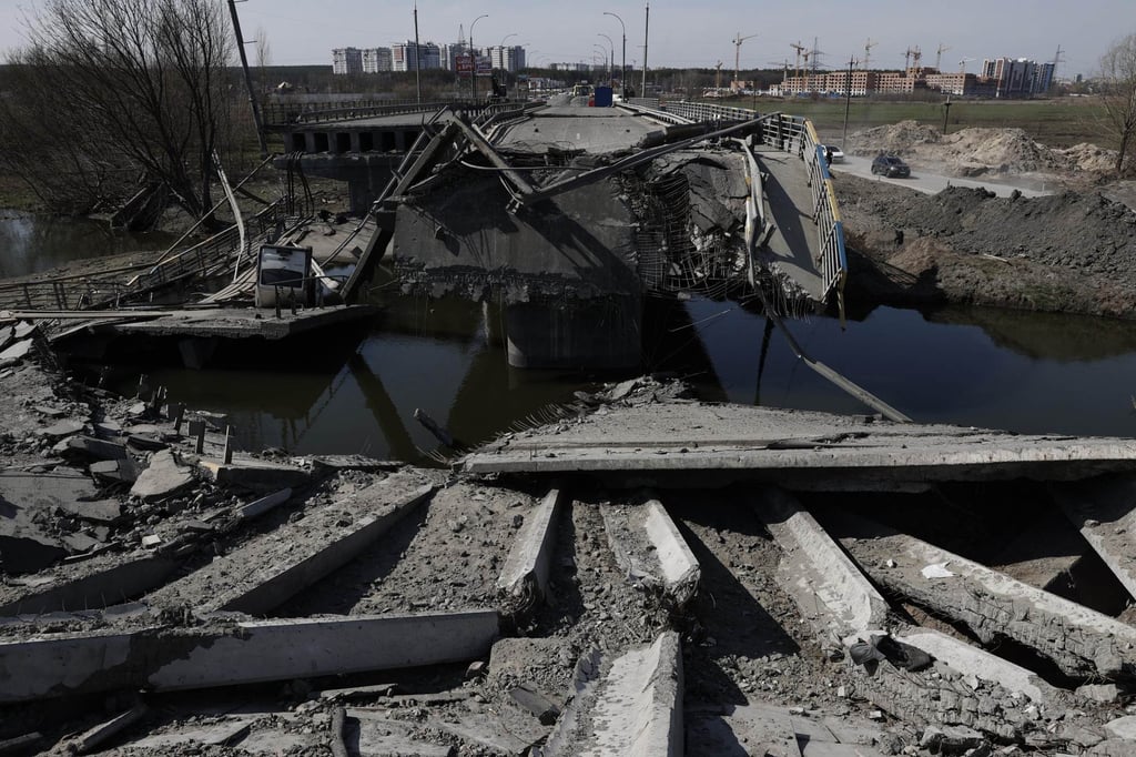 A bridge near Kyiv destroyed by Ukrainian soldiers to deter the Russian military’s advance to the capital. Photo: Kyodo A bridge near Kyiv destroyed by Ukrainian soldiers to deter the Russian military’s advance to the capital. Photo: Kyodo