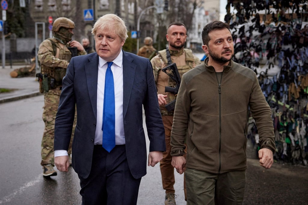 Ukraine’s President Volodymyr Zelensky and British Prime Minister Boris Johnson walk along a street after a meeting, as Russia’s attack on Ukraine continues, in Kyiv, Ukraine on April 9. Photo: TPX images of the day.