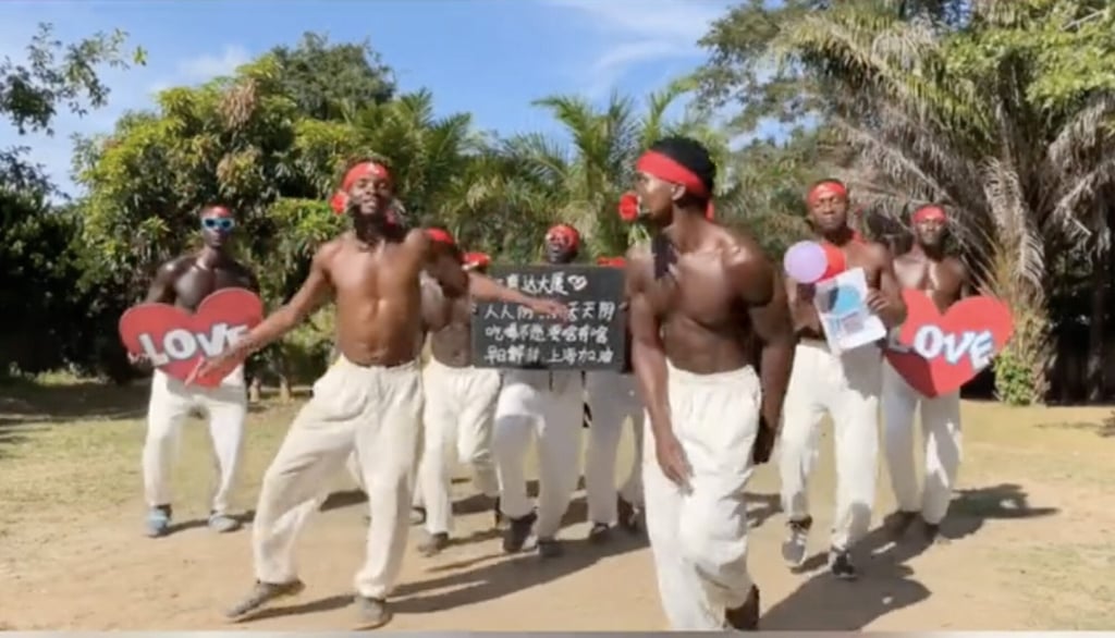 Participants in the videos are primarily amateur actors from Africa, are often shirtless, and dance and sing and while speaking positive messages to Shanghai residents who purchase the videos. Photo: TikTok Participants in the videos are primarily amateur actors from Africa, are often shirtless, and dance and sing and while speaking positive messages to Shanghai residents who purchase the videos. Photo: TikTok