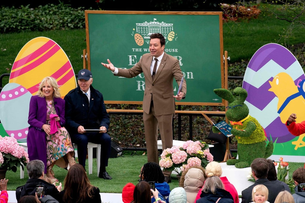 US actor Jimmy Fallon reads with Joe Biden and Jill Biden during the annual Easter egg roll on the South Lawn of the White House in Washington on April 18. Photo: AFP
