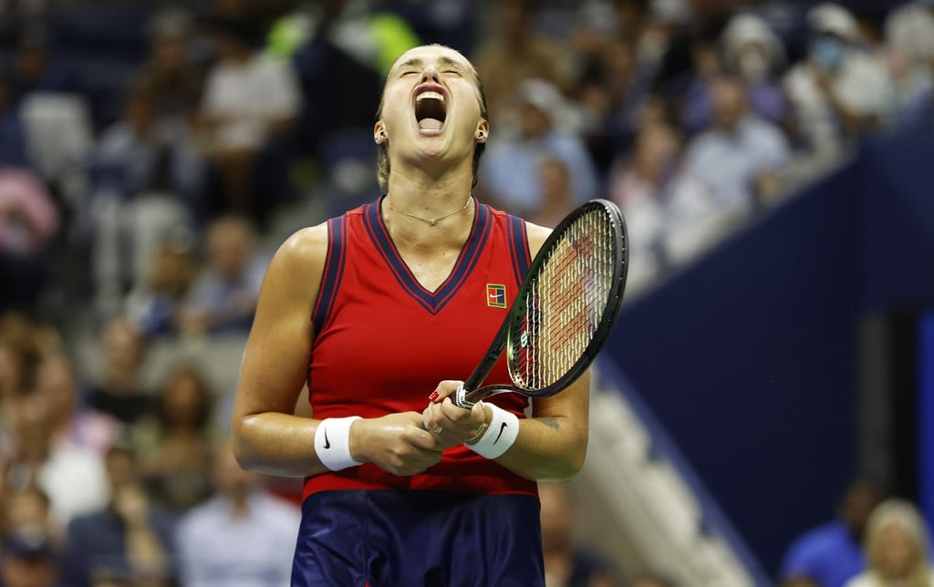 Aryna Sabalenka of Belarus reacts as she plays Leylah Fernandez of Canada during the 2021 US Open. Photo: EPA-EFE Aryna Sabalenka of Belarus reacts as she plays Leylah Fernandez of Canada during the 2021 US Open. Photo: EPA-EFE