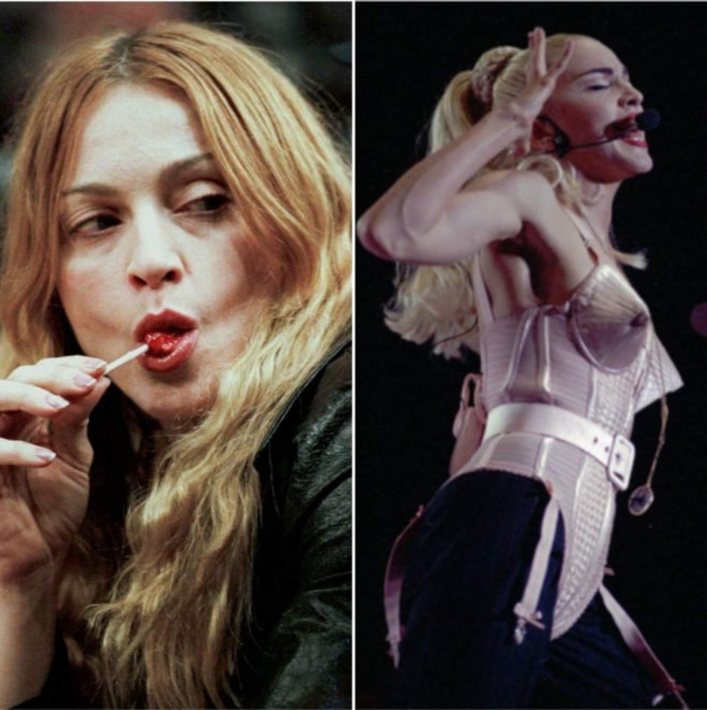 On the right, we have Madonna performing Express Yourself in 1990 during the first Blonde Ambition concert in Los Angeles. Photos: Reuters, AP On the right, we have Madonna performing Express Yourself in 1990 during the first Blonde Ambition concert in Los Angeles. Photos: Reuters, AP