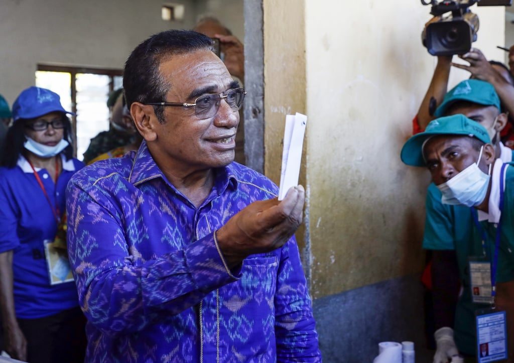 East Timor’s Incumbent President Francisco Guterres casts his vote during the presidential run-off election at a polling station in Dili, East Timor on Tuesday. Photo: EPA-EFE East Timor’s Incumbent President Francisco Guterres casts his vote during the presidential run-off election at a polling station in Dili, East Timor on Tuesday. Photo: EPA-EFE
