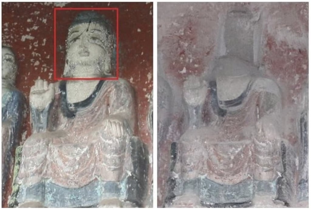 A before and after composite image of an ancient statue whose head was stolen in January 2021. Photo: Baidu