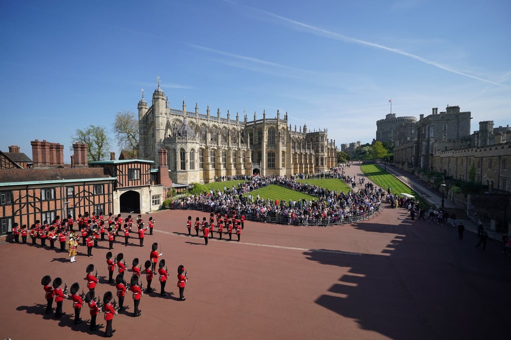 The Band of the Coldstream Guards, play Happy Birthday to mark the 96th birthday of Queen Elizabeth, alongside the 1st Battalion of the Coldstream Guards during Changing the Guard at Windsor Castle on Thursday. Photo: PA Wire/dpa