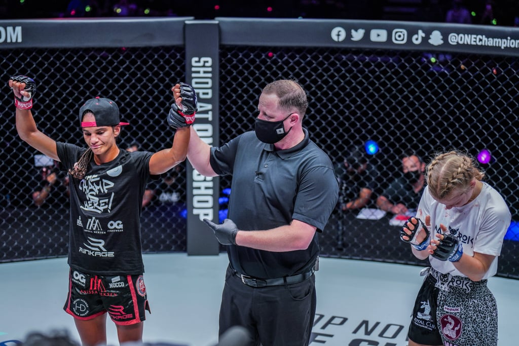Anissa Meksen wins a unanimous decision against Marie Ruumet at ONE 156 on April 22 in Singapore. Anissa Meksen wins a unanimous decision against Marie Ruumet at ONE 156 on April 22 in Singapore.