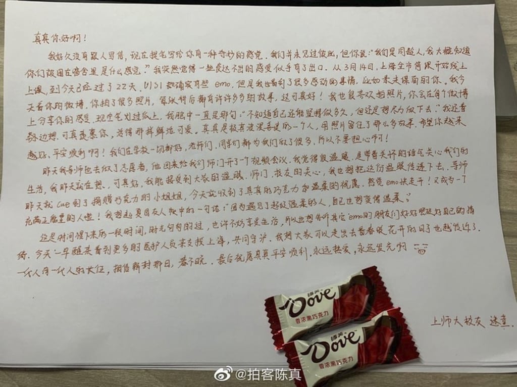 Chocolates that were delivered to students locked down in dormitories. Photo: Weibo