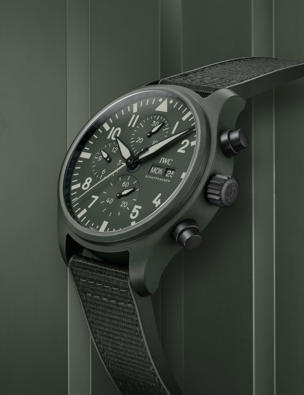 The IWC Top Gun Woodland features a Pantone Woodland ceramic green case. Photo: IWC The IWC Top Gun Woodland features a Pantone Woodland ceramic green case. Photo: IWC