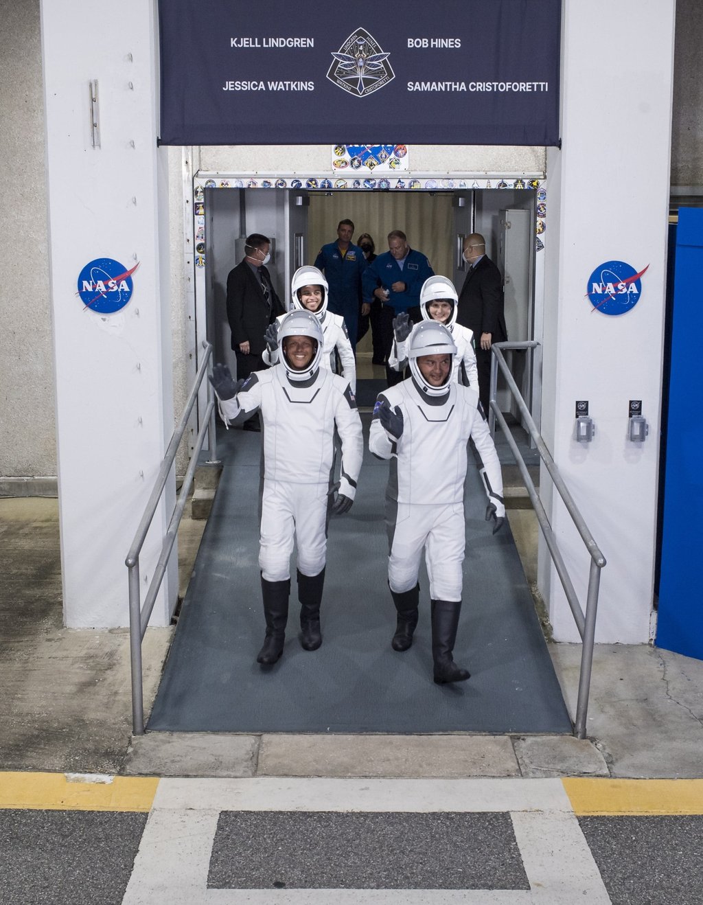 The SpaceX crew includes Robert Hines, left, Kjell Lindgren, right, Jessica Watkins, back-left, and ESA’s Samantha Cristoforetti. Photo: EPA-EFE