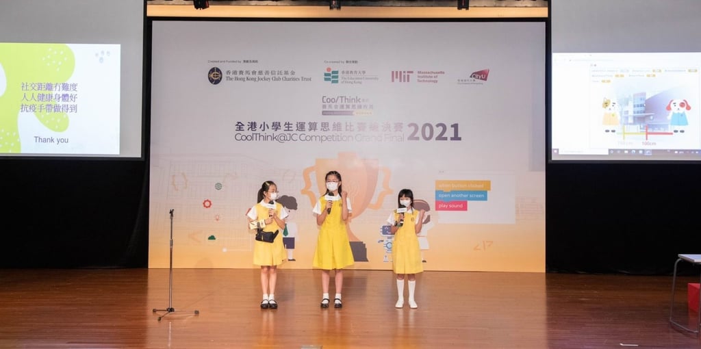 For their entry in the CoolThink@JC Competition, students from Marymount Primary School developed a wristband that gauges the social-distancing space between the wearer and other people. Photo: HKJC For their entry in the CoolThink@JC Competition, students from Marymount Primary School developed a wristband that gauges the social-distancing space between the wearer and other people. Photo: HKJC