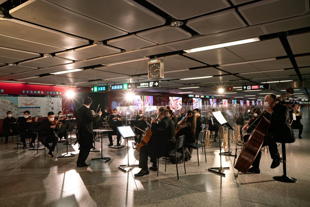 The HK Phil gathered in an MTR station after hours to film a performance for last year’s “Phil Your MTR Ride with Music” campaign. Photo: HK Phil / MTR