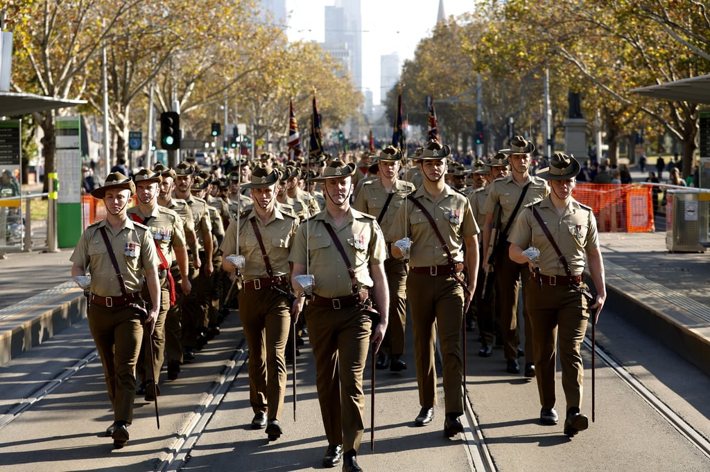 Australian soldiers take part in the Anzac Day Parade. Anzac Day will mark the 107th anniversary of the Gallipoli landings as dawn services, marches and commemorative services are held around Australia. Photo: AAP/dpa