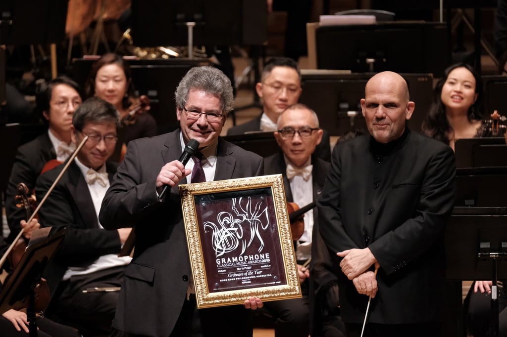 Hong Kong Philharmonic Orchestra chief executive Benedikt Fohr (left) and music director Jaap van Zweden came together on stage to celebrate the orchestra winning the Gramophone Classical Music Award in 2019.