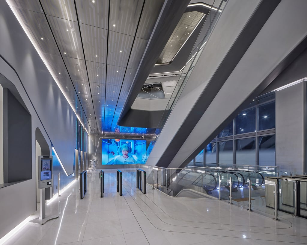 A hi-tech vibe and YG artists’ music videos greet visitors in the entrance lobby of the entertainment giant’s new headquarters in Seoul, South Korea. A hi-tech vibe and YG artists’ music videos greet visitors in the entrance lobby of the entertainment giant’s new headquarters in Seoul, South Korea.