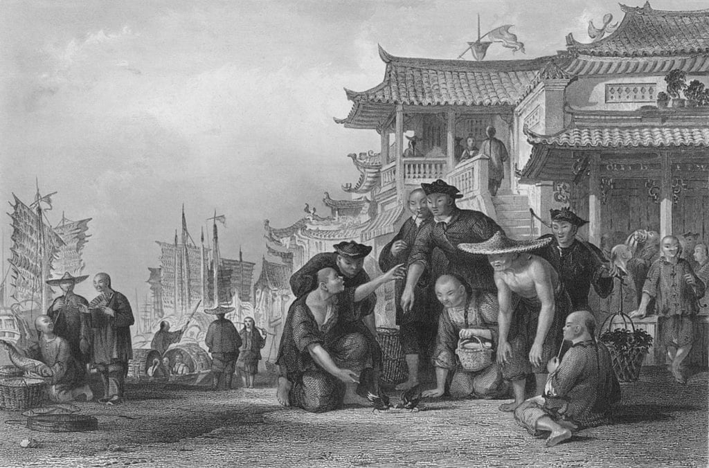 Canton Bargemen, Fighting Quails (1843), from China Illustrated by Thomas Allom. Photo: The Print Collector/Getty Images Canton Bargemen, Fighting Quails (1843), from China Illustrated by Thomas Allom. Photo: The Print Collector/Getty Images