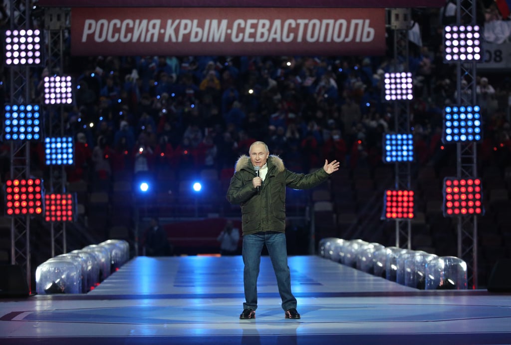 Russian President Vladimir Putin speaks during a concert marking the seventh anniversary of Crimea’s annexation. In launching the current military action in Ukraine, he told Russians “Modern Ukraine was entirely created by Russia”. Photo: Mikhail Svetlov/Getty Images Russian President Vladimir Putin speaks during a concert marking the seventh anniversary of Crimea’s annexation. In launching the current military action in Ukraine, he told Russians “Modern Ukraine was entirely created by Russia”. Photo: Mikhail Svetlov/Getty Images