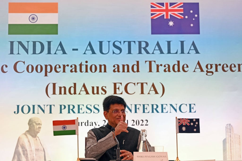 Indias Commerce Minister Piyush Goyal addresses a news conference after taking part in the virtual signing ceremony of the India-Australia economic cooperation and trade agreement with Australian Trade Minister Dan Tehan, in New Delhi on April 2. Photo:/AFP Indias Commerce Minister Piyush Goyal addresses a news conference after taking part in the virtual signing ceremony of the India-Australia economic cooperation and trade agreement with Australian Trade Minister Dan Tehan, in New Delhi on April 2. Photo:/AFP