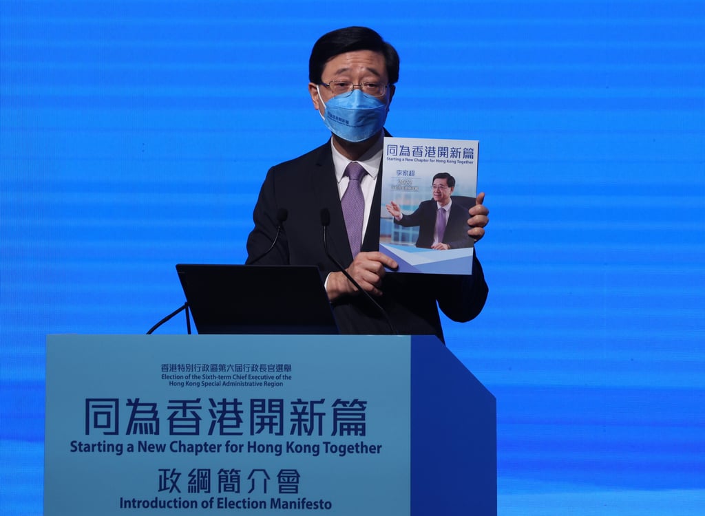 Chief executive candidate John Lee Ka-chiu announces his election manifesto on Friday. Photo: Yik Yeung-man Chief executive candidate John Lee Ka-chiu announces his election manifesto on Friday. Photo: Yik Yeung-man