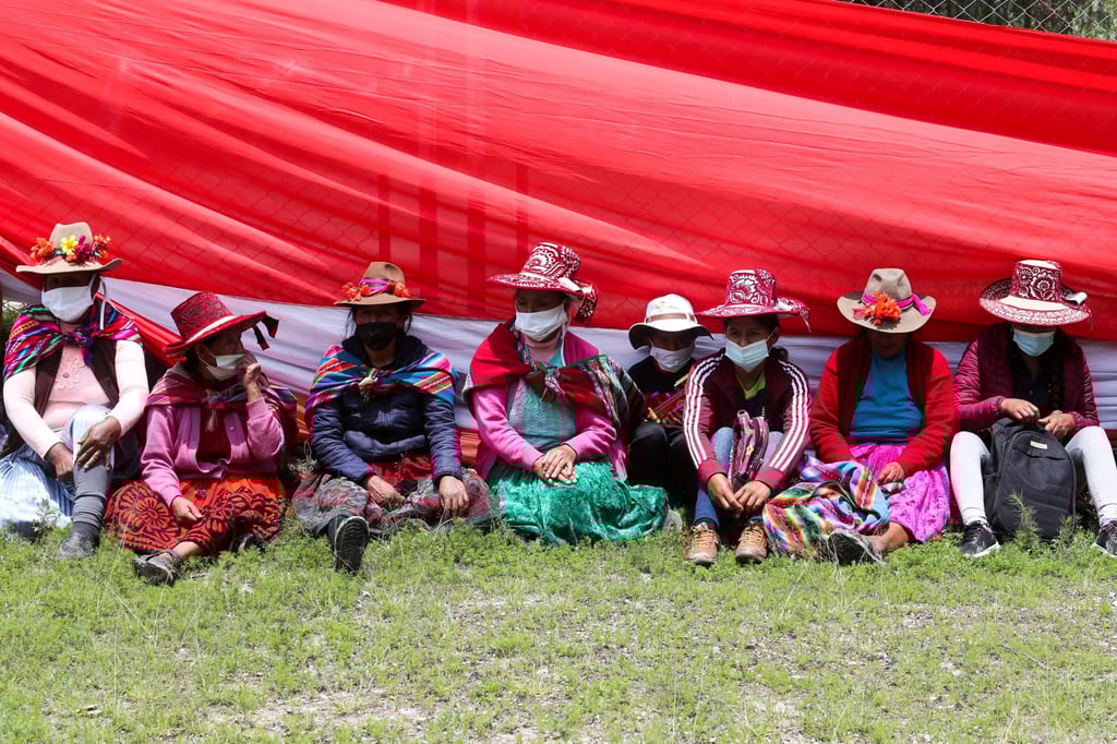 People gather as community leaders reject a government proposal to prevent future blockades affecting the Las Bambas copper mine in Sayhua, Peru in January. Photo: Reuters