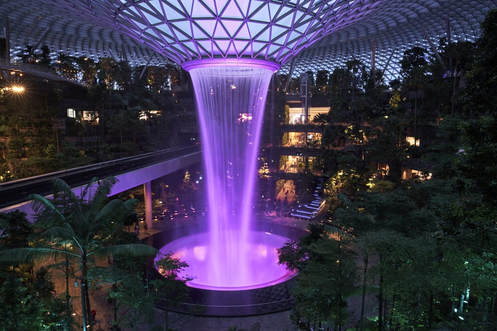 The Rain Vortex indoor waterfall feature at Jewel Changi Airport mall in Singapore. Photo: Bloomberg