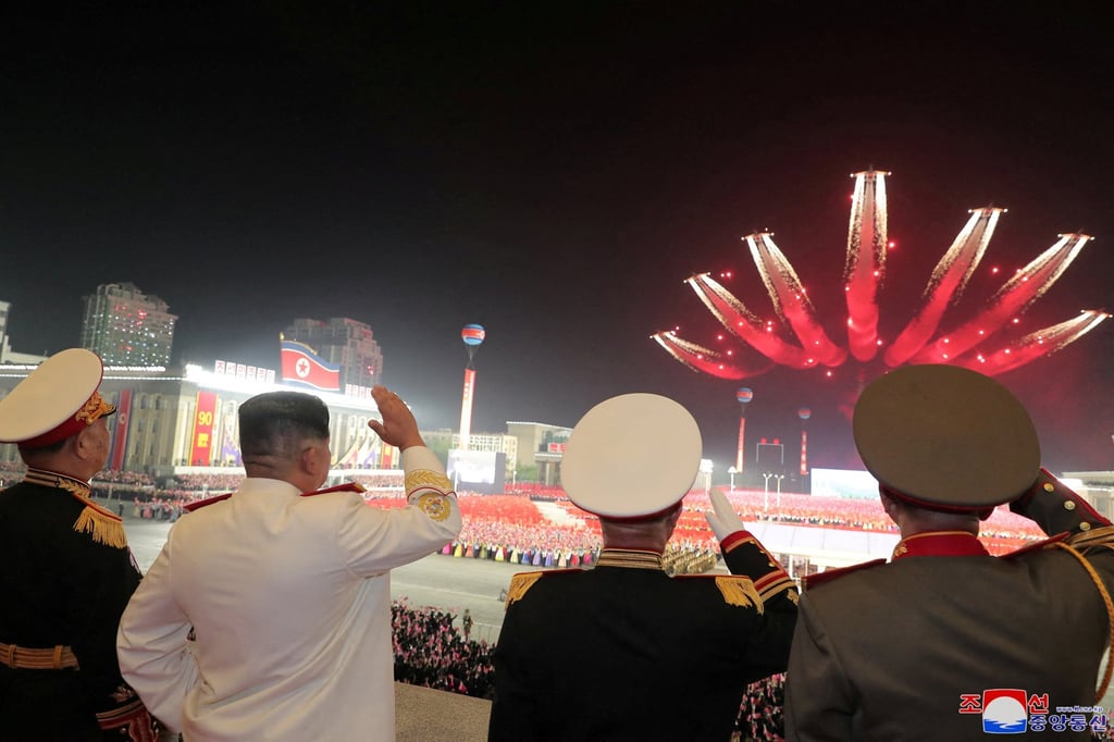 North Korean leader Kim Jong-un watches a nighttime military parade to mark the 90th anniversary of the founding of the Korean People’s Revolutionary Army in Pyongyang, North Korea. Photo: KCNA via Reuters